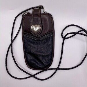 VTG. Brighton Black & Brown Leather Crossbody Cell Phone Holder W/ Braided Strap